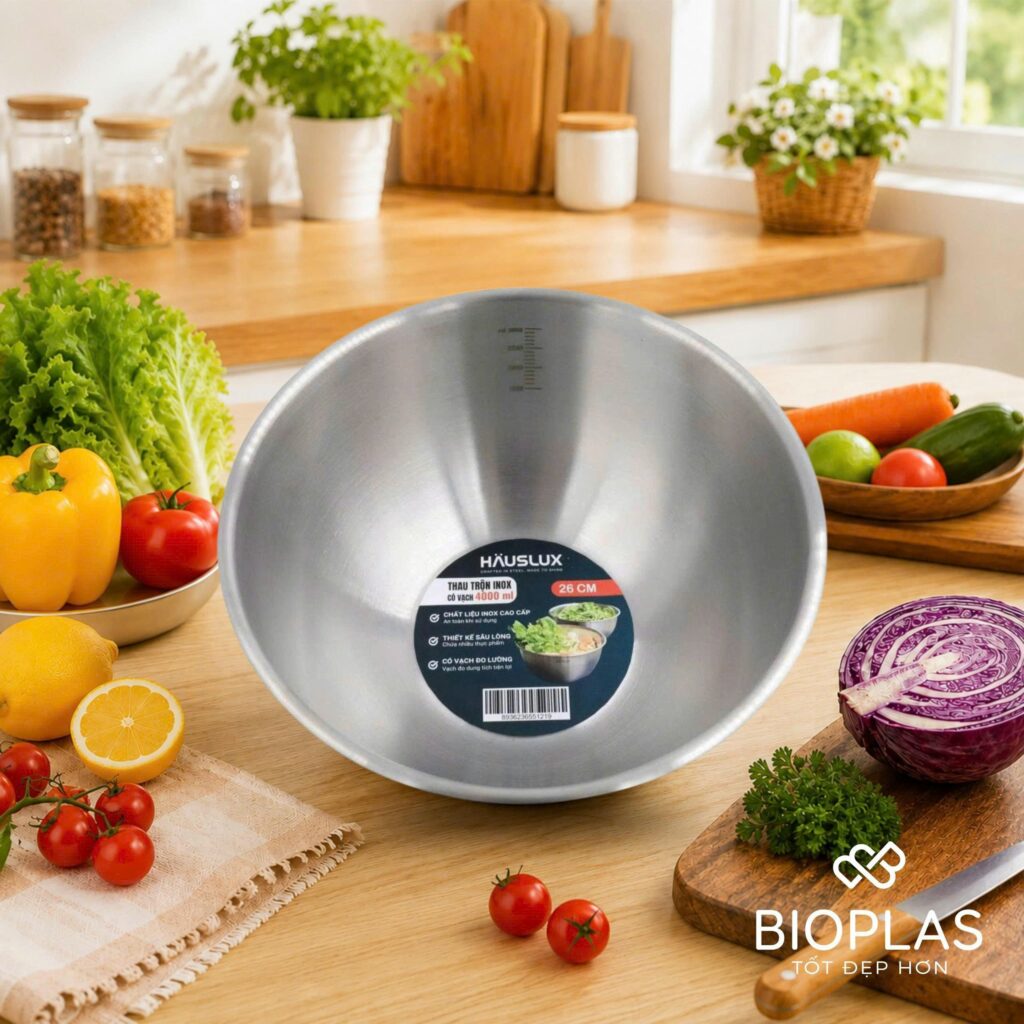 Thau trộn inox có vạch dung tích lớn BIOPLAS, tiện lợi cho sơ chế và chế biến thực phẩm số lượng lớn