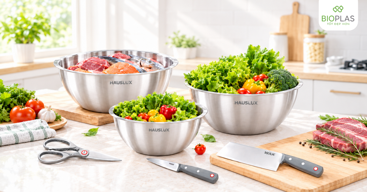 Cách sơ chế thực phẩm nhanh bằng cách sử dụng thau inox có vạch chia dung tích